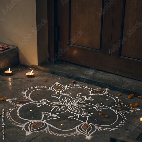 A meticulously designed rangoli featuring symmetrical floral and geometric patterns, created using red, yellow, green, and blue powdered pigments photo