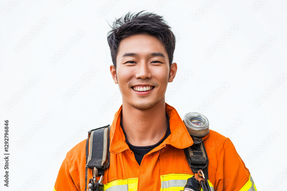 Smiling Asian Firefighter Portrait Orange Uniform Safety Gear Smiling Asian Firefighter Portrait Orange Uniform Safety Gear