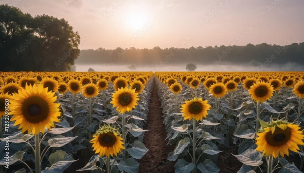 Fototapeta premium Majestic Sunrise Over Vast Sunflower Field Rows at Dawn Peaceful Morning Agricultural Landscape