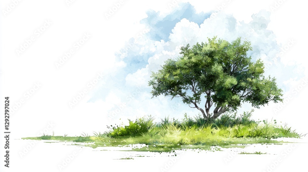 Fototapeta premium Watercolor landscape with tree and clouds. Ideal for nature theme presentation