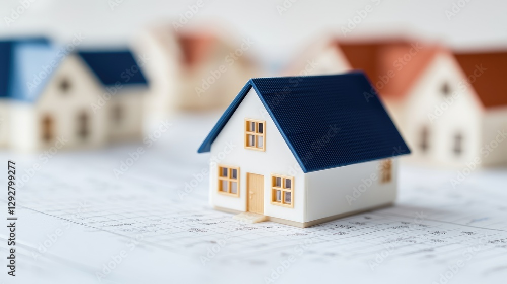 House model on blueprint, new development, homes background House model on blueprint, new development, homes background