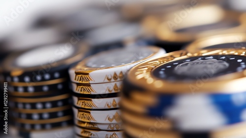 Close-up of stacked casino chips on a table, ready for a game. photo