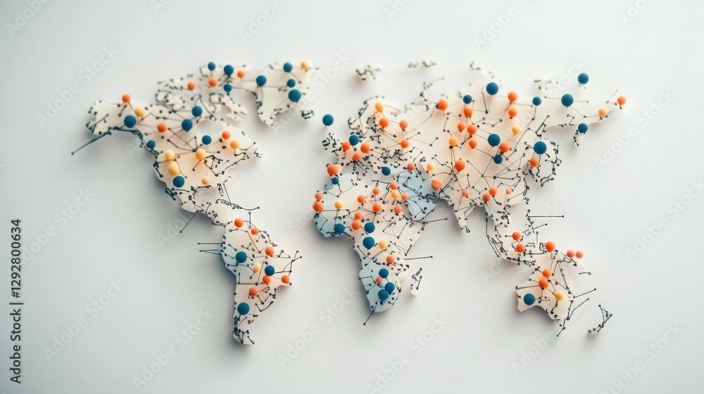 Fototapeta premium Detailed Representation of a World Map Crafted with Colorful Pins and Threads, Emphasizing Global Connections and Networks