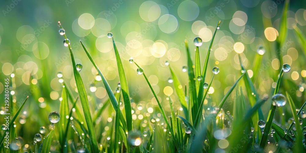 Fototapeta premium Softly glowing droplets of morning dew cling to delicate blades of vibrant green spring grass in a serene natural setting , Serene Scene, Fresh Cut Lawn
