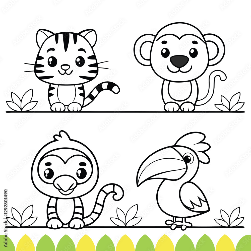 Obraz premium Friendly Jungle Animal Friends Tiger Cub, Monkey, Frog, Toucan, and Parrot to Color
