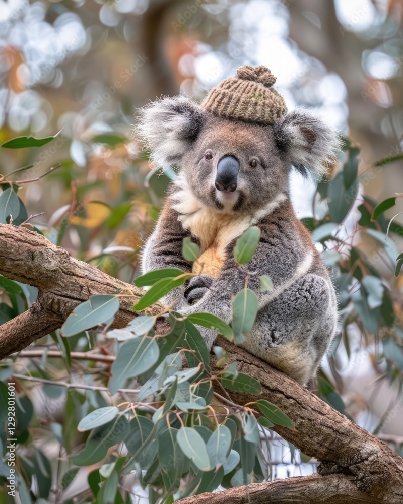Obraz premium Adorable koala wearing a knitted hat sits on a eucalyptus tree branch, eating leaves.