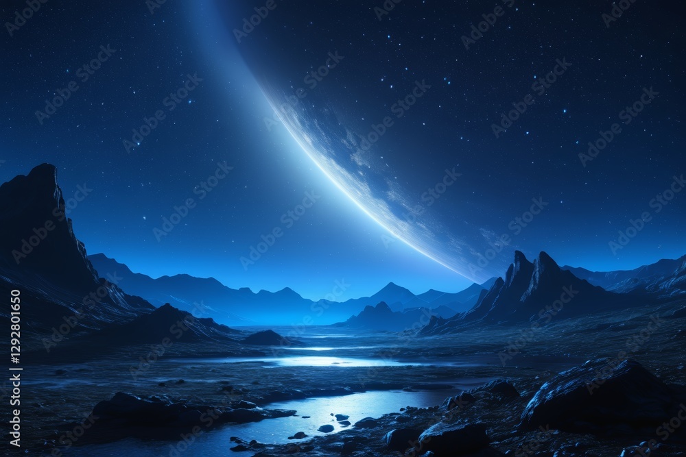 arafed view of a mountain range with a river and a distant planet arafed view of a mountain range with a river and a distant planet