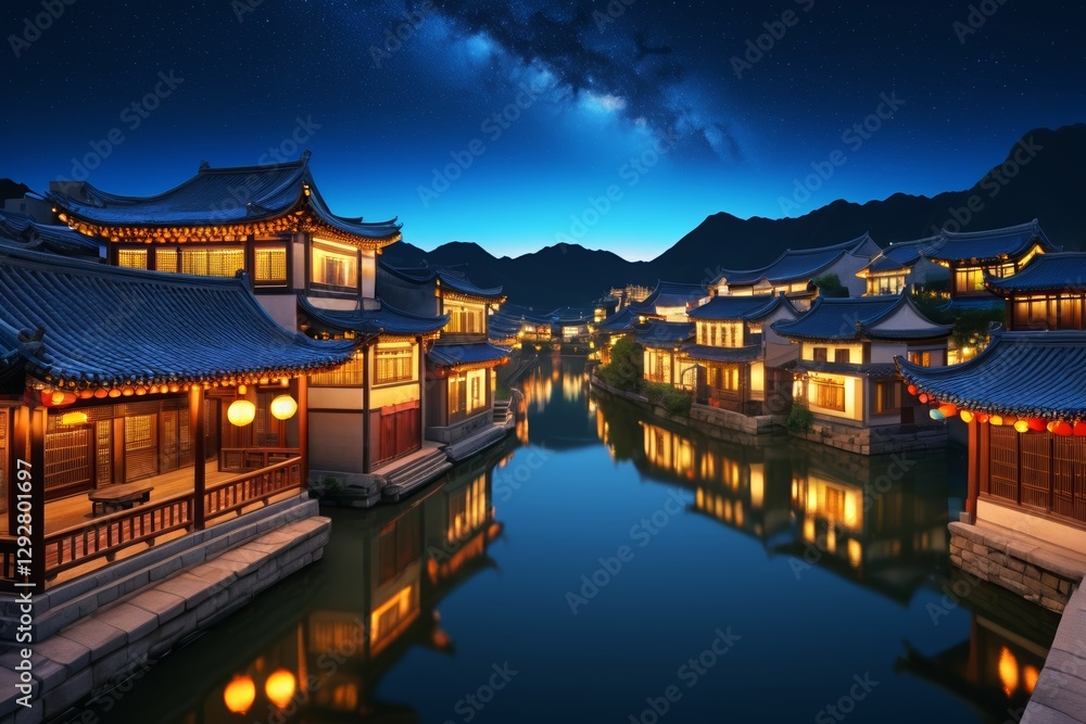 Fototapeta premium nighttime view of a canal with a building and a bridge
