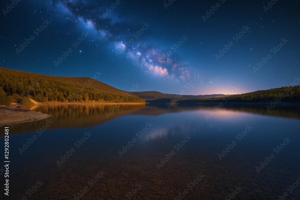 Fototapeta premium starry night sky over a lake with a campfire and trees
