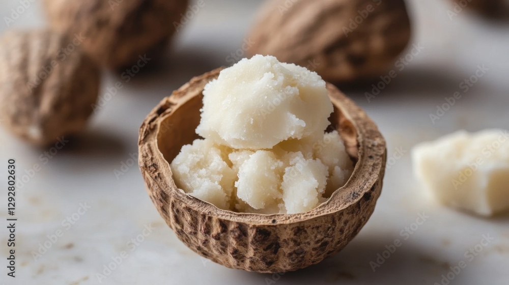 Natural Shea Butter in Nut Shell on Marble Table Background Natural Shea Butter in Nut Shell on Marble Table Background