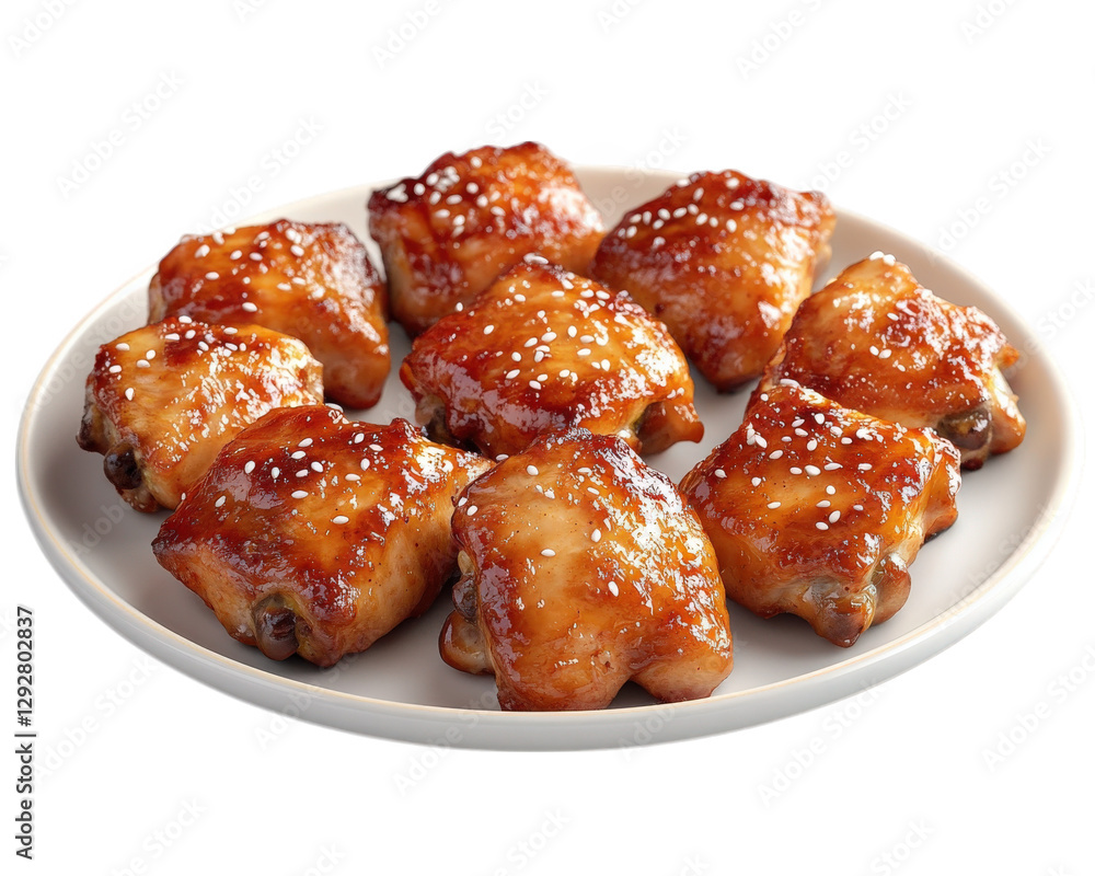 Delicious plate of honey garlic chicken thighs garnished with sesame seeds, perfect for savory meal. Enjoy rich flavors and tender texture of this dish Delicious plate of honey garlic chicken thighs garnished with sesame seeds, perfect for savory meal. Enjoy rich flavors and tender texture of this dish