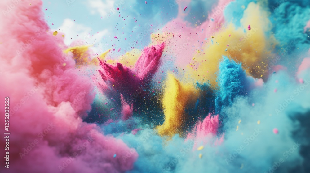 Fototapeta premium Dynamic explosion of vibrant Holi powders in mid-air, with a mix of bold colors like pink, blue, yellow, and green swirling together against a clean white background.