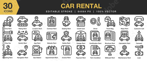 Car Rental icon set. Editable Stroke Icon Collection. Includes car, vehicle, rental, transport, auto, business, transportation, and More. Outline icons vector collection.