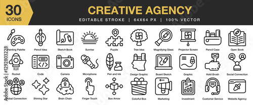 Creative Agency icon set. Editable Stroke Icon Collection. Includes office, creative, company, work, project, business, and More. Outline icons vector collection.