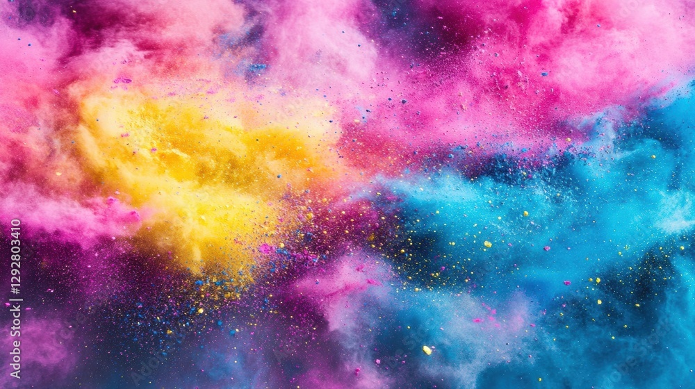 Fototapeta premium Dynamic explosion of vibrant Holi powders in mid-air, with a mix of bold colors like pink, blue, yellow, and green swirling together against a clean white background.