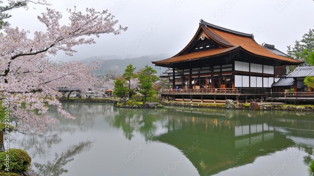 Serene Japanese Garden with Cherry Blossoms and Pond Serene Japanese Garden with Cherry Blossoms and Pond