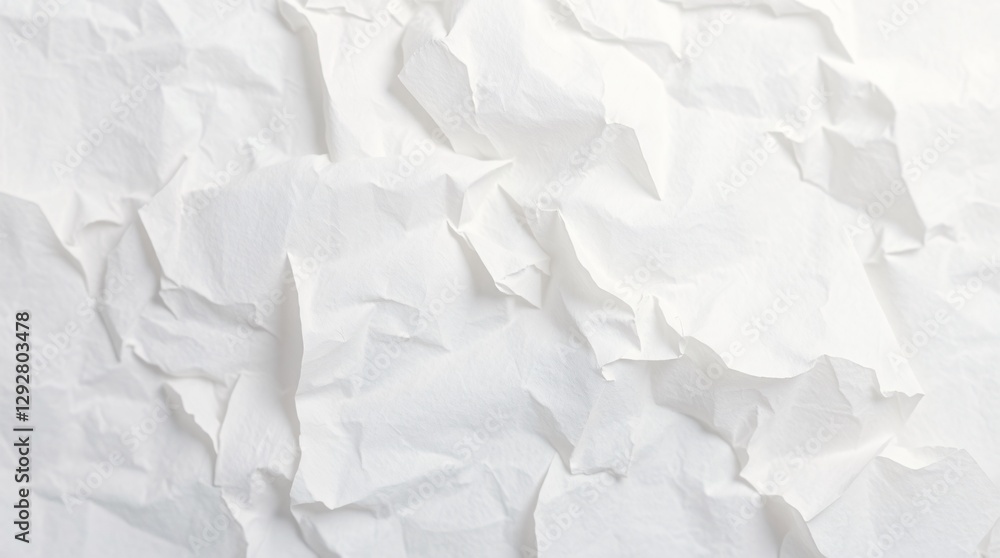 Obraz premium Crumpled white paper texture, high contrast shadows, wrinkled surface, close-up detail, minimalist composition, soft lighting, abstract background, monochromatic, subtle gradient, textured canvas, cre