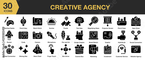 Creative Agency solid icon set. Includes professional, workplace, agency, computer, teamwork, and More. Solid icons vector collection