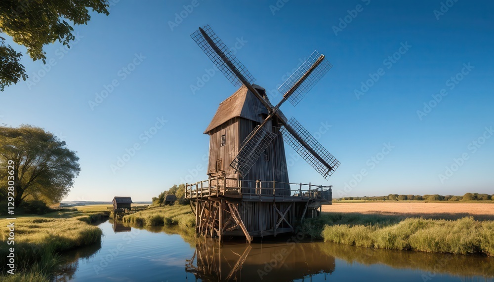 Scenic Wooden Windmill by Canal in Rural Landscape at Sunset Tranquil Nature Scene Scenic Wooden Windmill by Canal in Rural Landscape at Sunset Tranquil Nature Scene