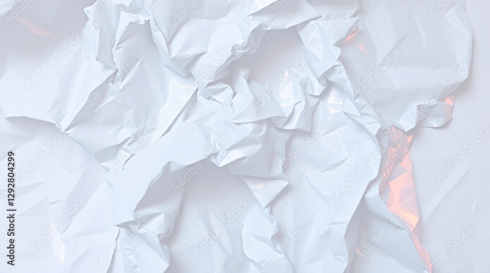 Obraz premium Crumpled paper texture, abstract wrinkled surface, white and light gray tones, subtle pink accent, soft shadows, minimalist composition, high-key lighting, macro photography, gentle folds and creases,
