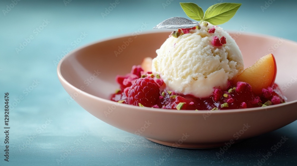 Elegant dessert with ice cream, raspberries, and peach in a pink bowl, Generated AI Elegant dessert with ice cream, raspberries, and peach in a pink bowl, Generated AI