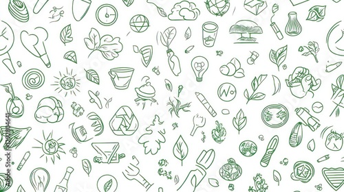 A seamless pattern of line art icons representing environmentally friendly practices, such as eco-friendly symbols and green elements, on a white background.