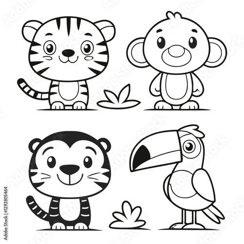 Jungle Adventures Tiger Cub, Monkey, Frog, Toucan, and Parrot Coloring Page