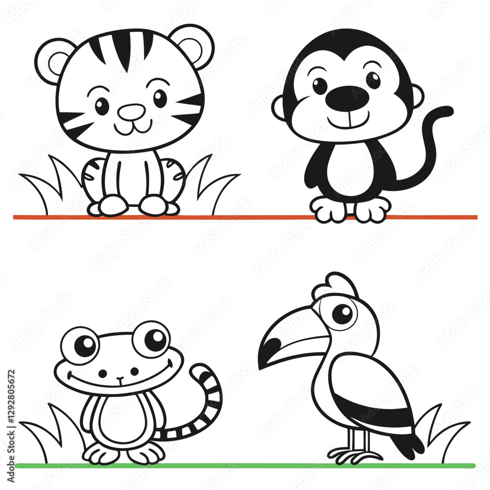 Naklejka premium Whimsical Jungle Creatures for Kids Tiger Cub, Monkey, Frog, Toucan, and Parrot