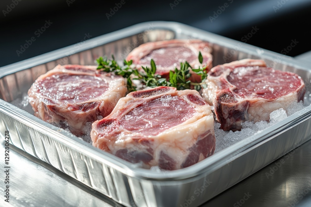 Four raw beef steaks on ice in a tray. Perfect for restaurant menus, butcher shops, or cooking blogs. Four raw beef steaks on ice in a tray. Perfect for restaurant menus, butcher shops, or cooking blogs.