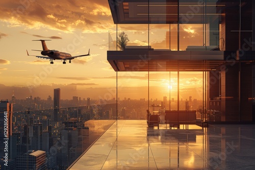 Luxurious penthouse apartment with a private balcony overlooking a cityscape at sunset, a private jet approaching.