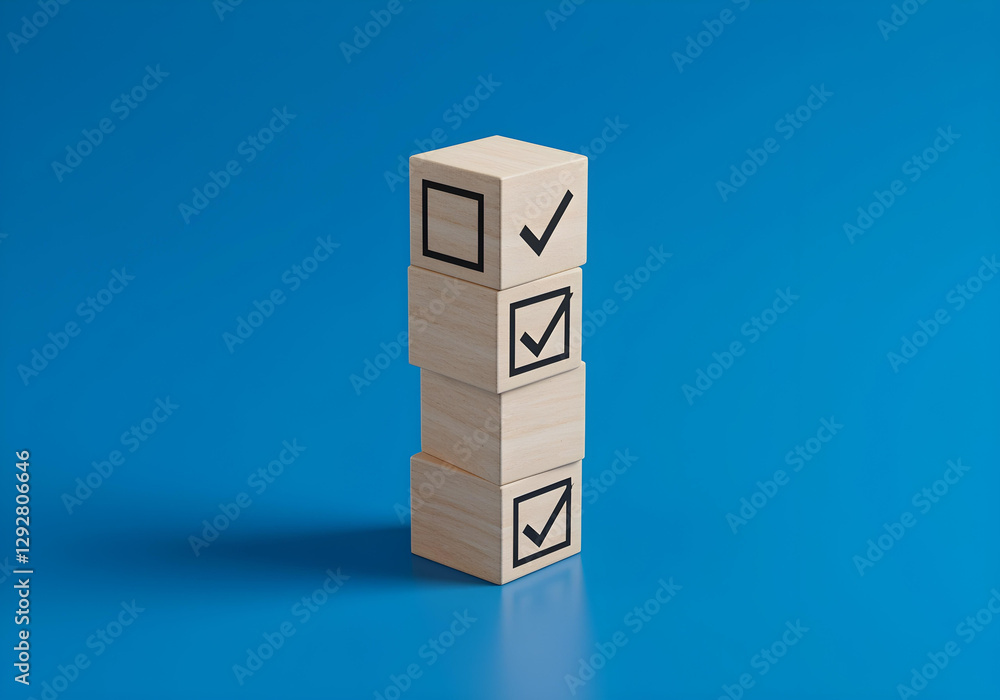 Three stacked checkmark blocks on a blue background, symbolizing task completion and success in business. Three stacked checkmark blocks on a blue background, symbolizing task completion and success in business.