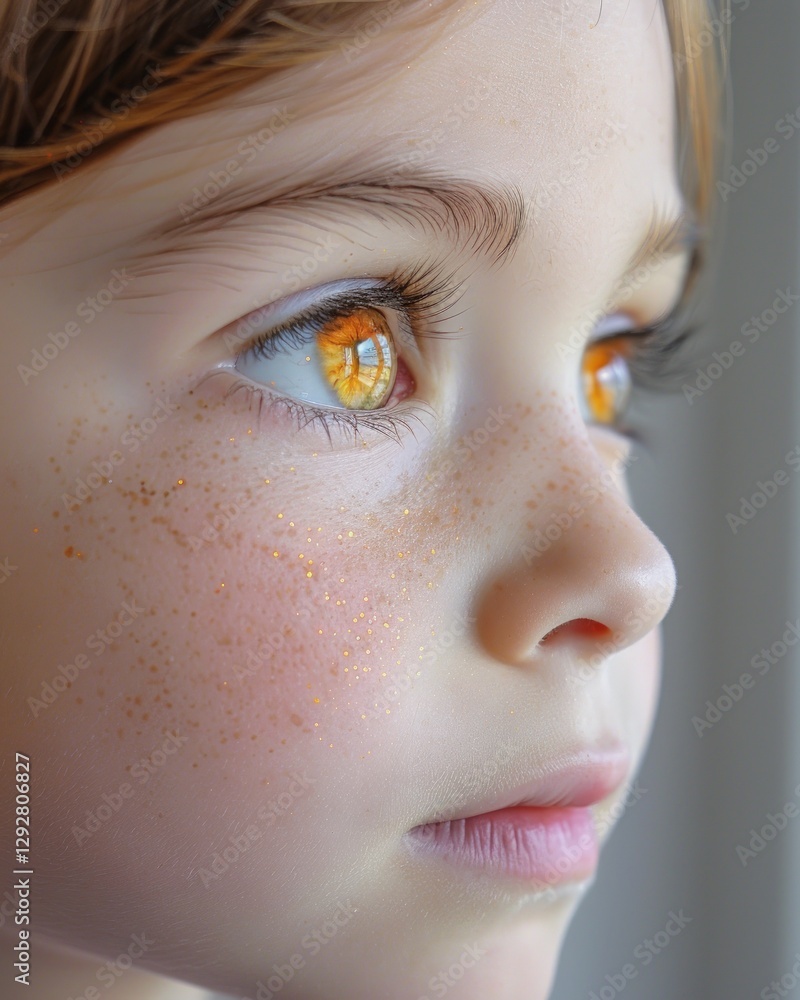 Fototapeta premium Close-up profile of a young girl with golden eyes and freckles, looking thoughtfully off to the side.