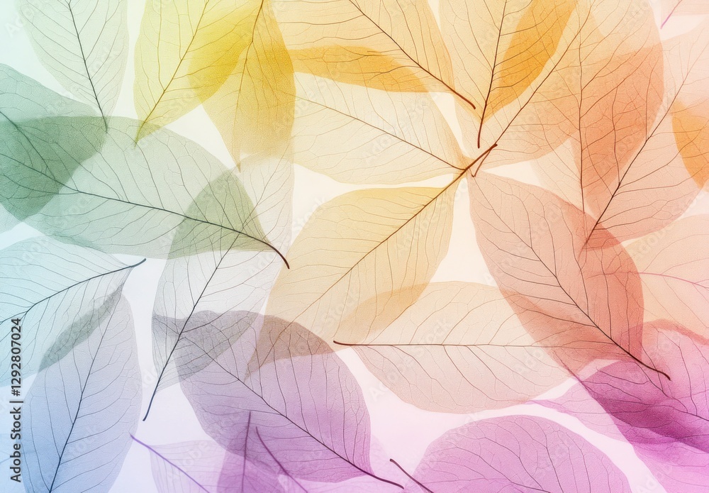 Fototapeta premium Abstract background with transparent leaves in different colors, a pastel color palette, and a natural organic style. The abstract leaf texture background features various shades of colorful