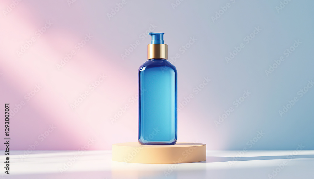 Fototapeta premium Blue Glass Pump Bottle on Pastel Background Product Mockup