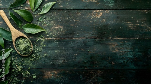 dried green tea leaf and powder on wooden
