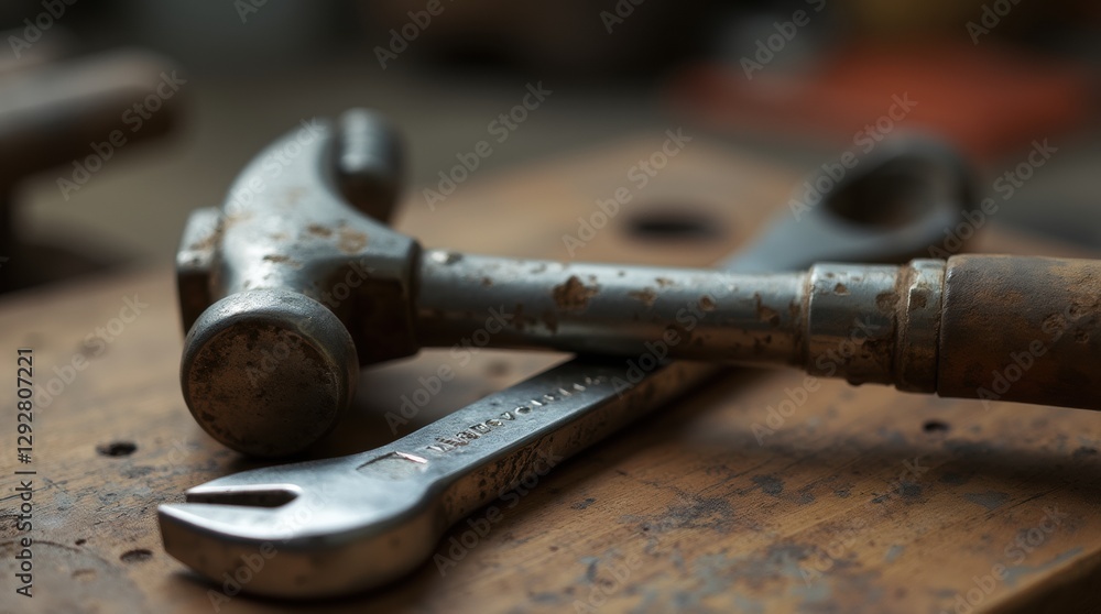 A metallic hammer and wrench crossed over each other on a dark textured background A metallic hammer and wrench crossed over each other on a dark textured background