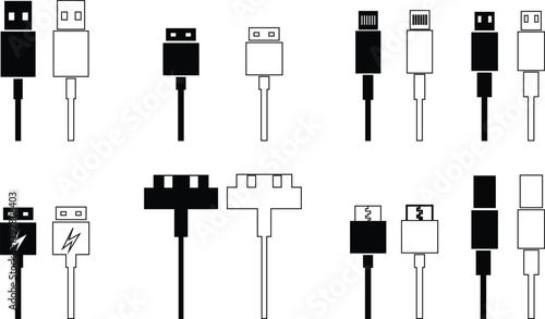 USB cable black line icon set. Connectors and sockets for PC and mobile devices sign Computer peripherals connector or smartphone recharge supply. Sign for web page mobile app, banner. Editable stroke