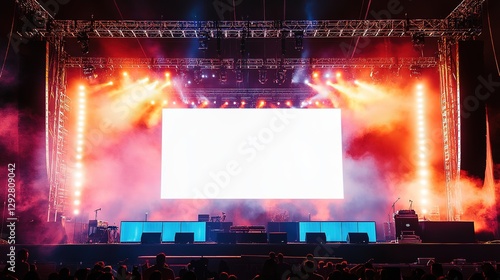Stage modern rigging large outdoor concert with beam lights, sound system, and white blank large big screen mock up material background wallpaper AI generated image , 8k image