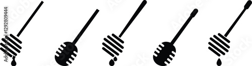 Honey dipper stick icon set, honey stick icons vector graphic designs elements, isolated on transparent background. Honey ladle. Square button. Minimalism concept, used for food and beverage pictogram