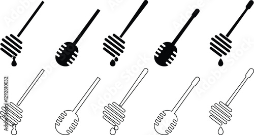 Honey dipper stick icon set, honey stick icons vector graphic designs elements, isolated on transparent background. Honey ladle. Square button. Minimalism concept, used for food and beverage pictogram