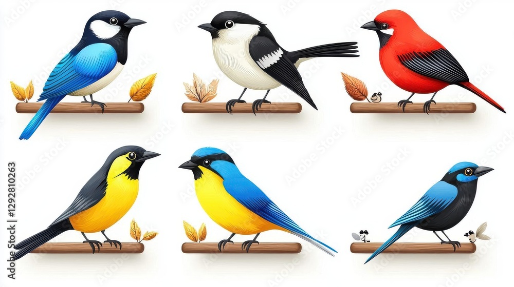 Obraz premium Colorful birds perched on branches, white isolated background.