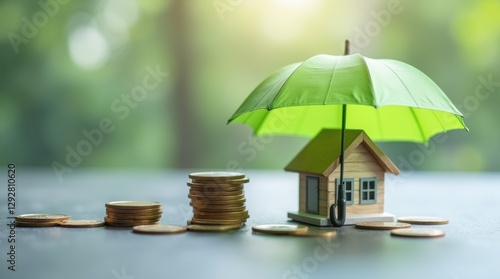 A green umbrella over a small house and scattered coins on a gray table