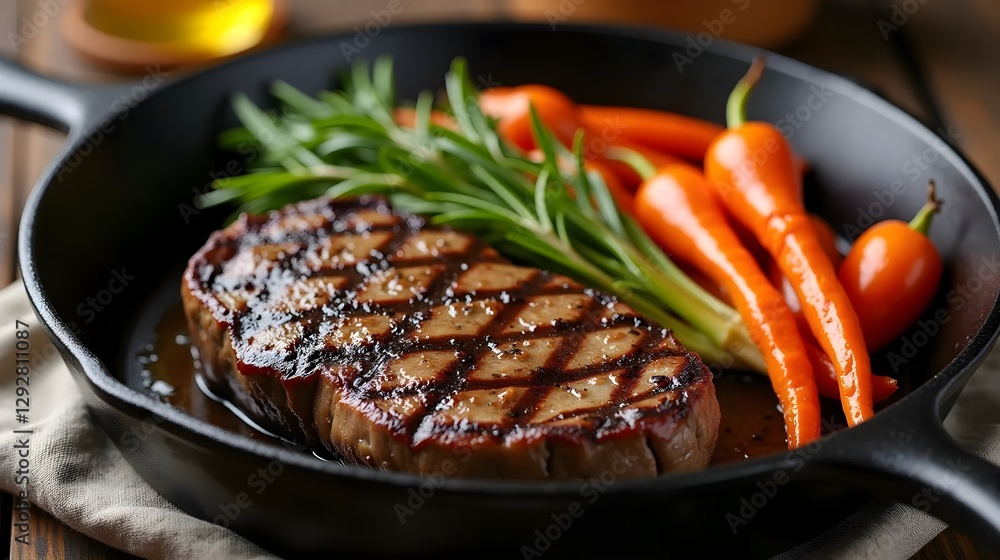 Grilled Steak and Roasted Vegetables in Cast Iron Pan- Realistic Food Photography Grilled Steak and Roasted Vegetables in Cast Iron Pan- Realistic Food Photography