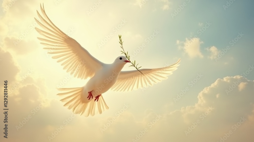 Obraz premium white dove holding an olive branch, with soft feathers 