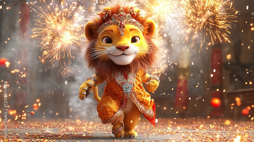 Festive lion character celebration colorful environment animated scene Festive lion character celebration colorful environment animated scene