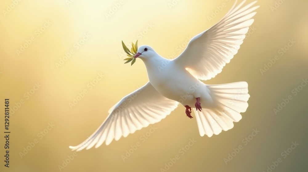 Obraz premium white dove holding an olive branch, with soft feathers 