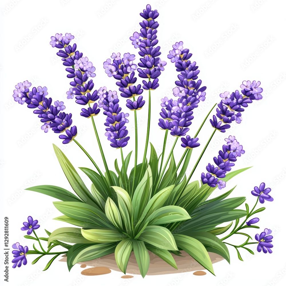 Fototapeta premium Vibrant Lavender Plant Illustration Featuring Lush Green Leaves and Beautiful Purple Blooms on White Background