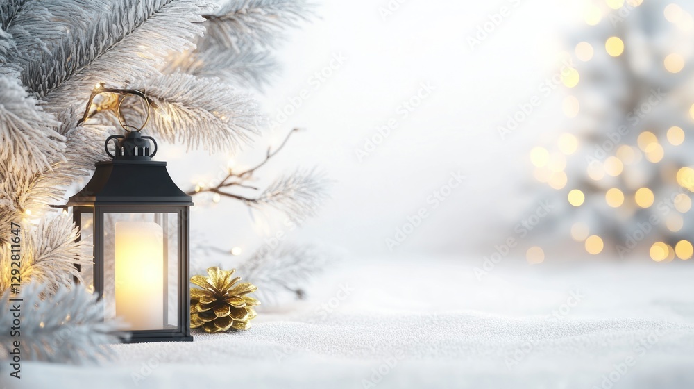 Christmas background with a lantern and snow, a white color theme, with white space in the center of the composition, bokeh lights, white Christmas tree branches Christmas background with a lantern and snow, a white color theme, with white space in the center of the composition, bokeh lights, white Christmas tree branches