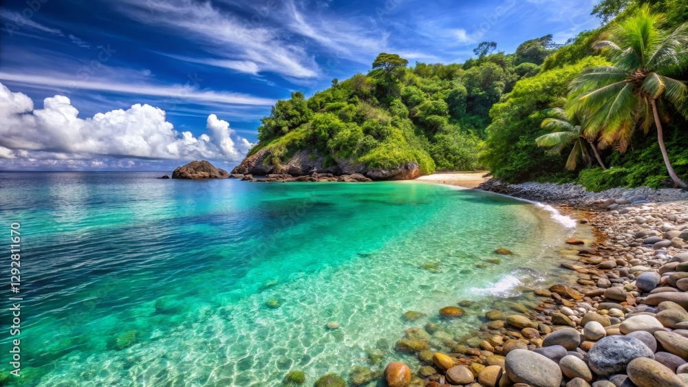 Serene Tropical Beach with Clear Water and Lush Greenery Landscape Serene Tropical Beach with Clear Water and Lush Greenery Landscape