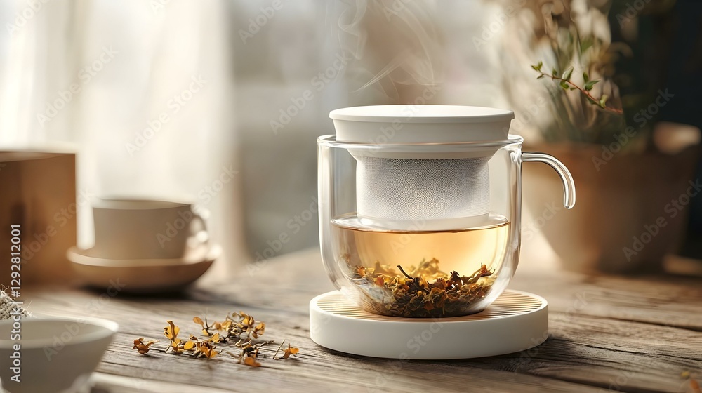 glass cup of tea with infuser and herbal tea glass cup of tea with infuser and herbal tea